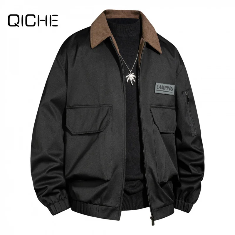 QICHE New Spring Autumn Mens Loose Casual Outerwear Lapel Thin Multi Pocket Jacket Plus Size Daily Outer Top