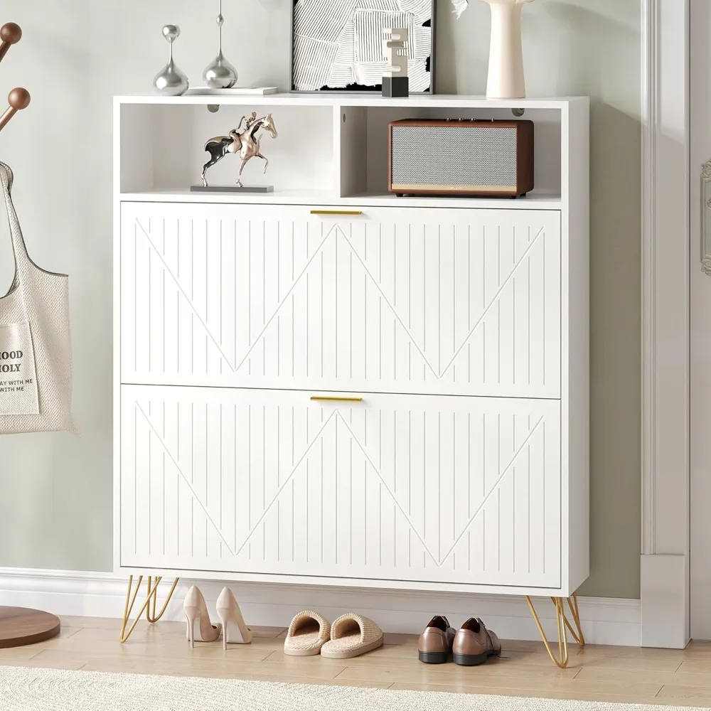 

Fluted Shoe Cabinet Storage for Entryway, 39'' Large White Shoe Organizer with 2 Flip Drawers & Open Shelf, Customized