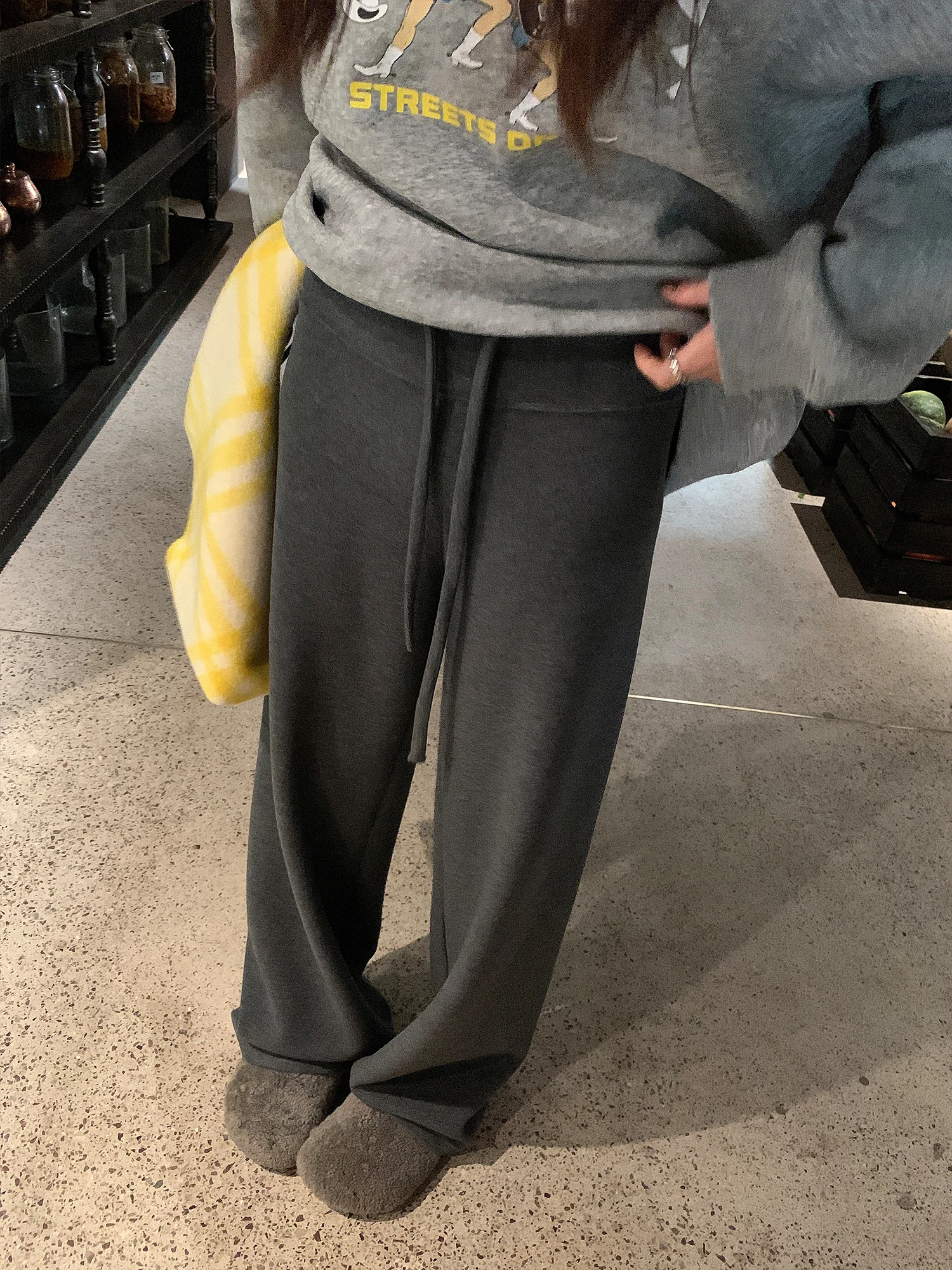 High Waist Straight Leg ey Wool Blend Fce Dstring Casual Pants Women's Spring Faion Comfortable Wide Leg Sweatpants