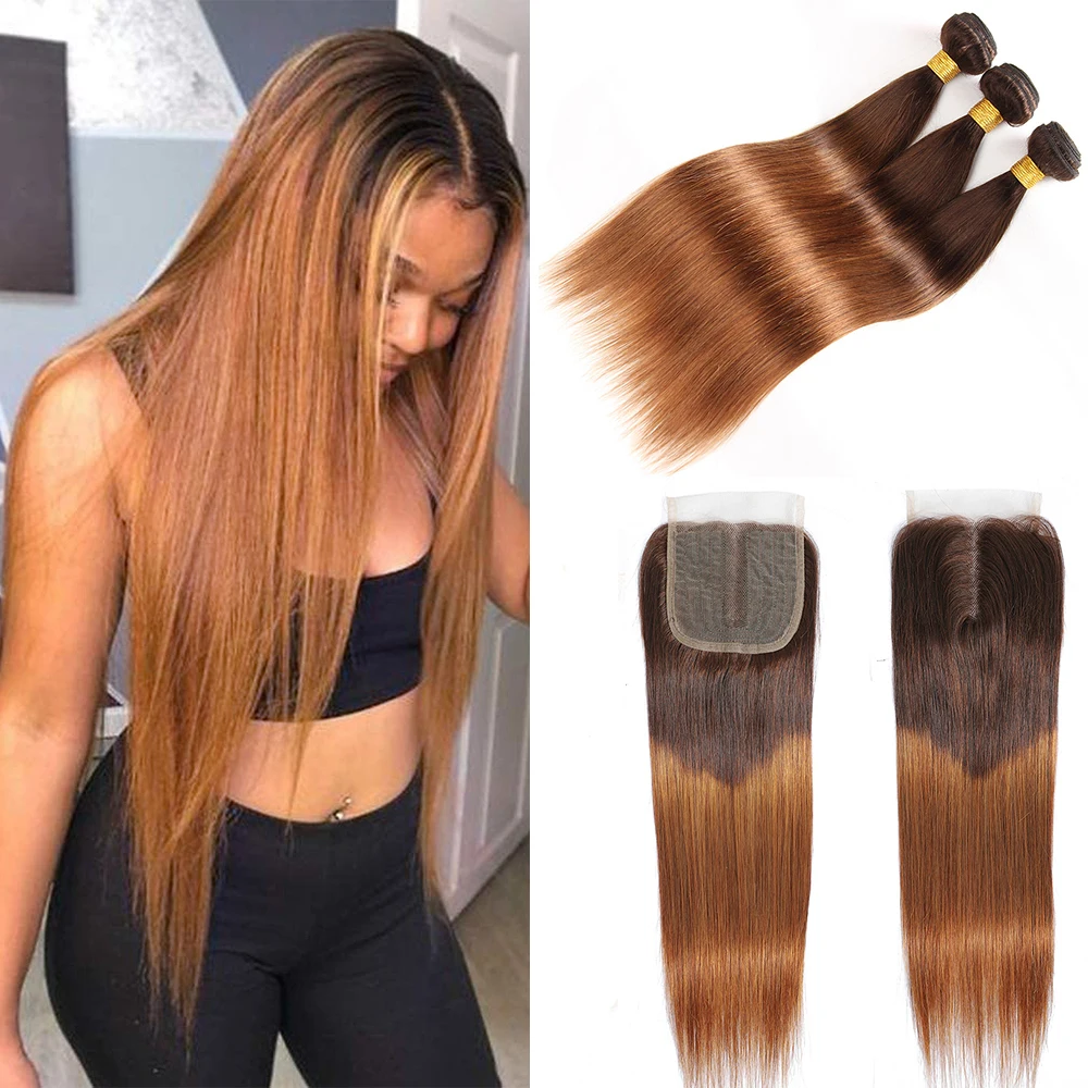 Chocoladebruine rechte haarbundels met sluiting HD 4x4 13x4 frontale haarbundels 100% rauw Remy haarweefsel extensions