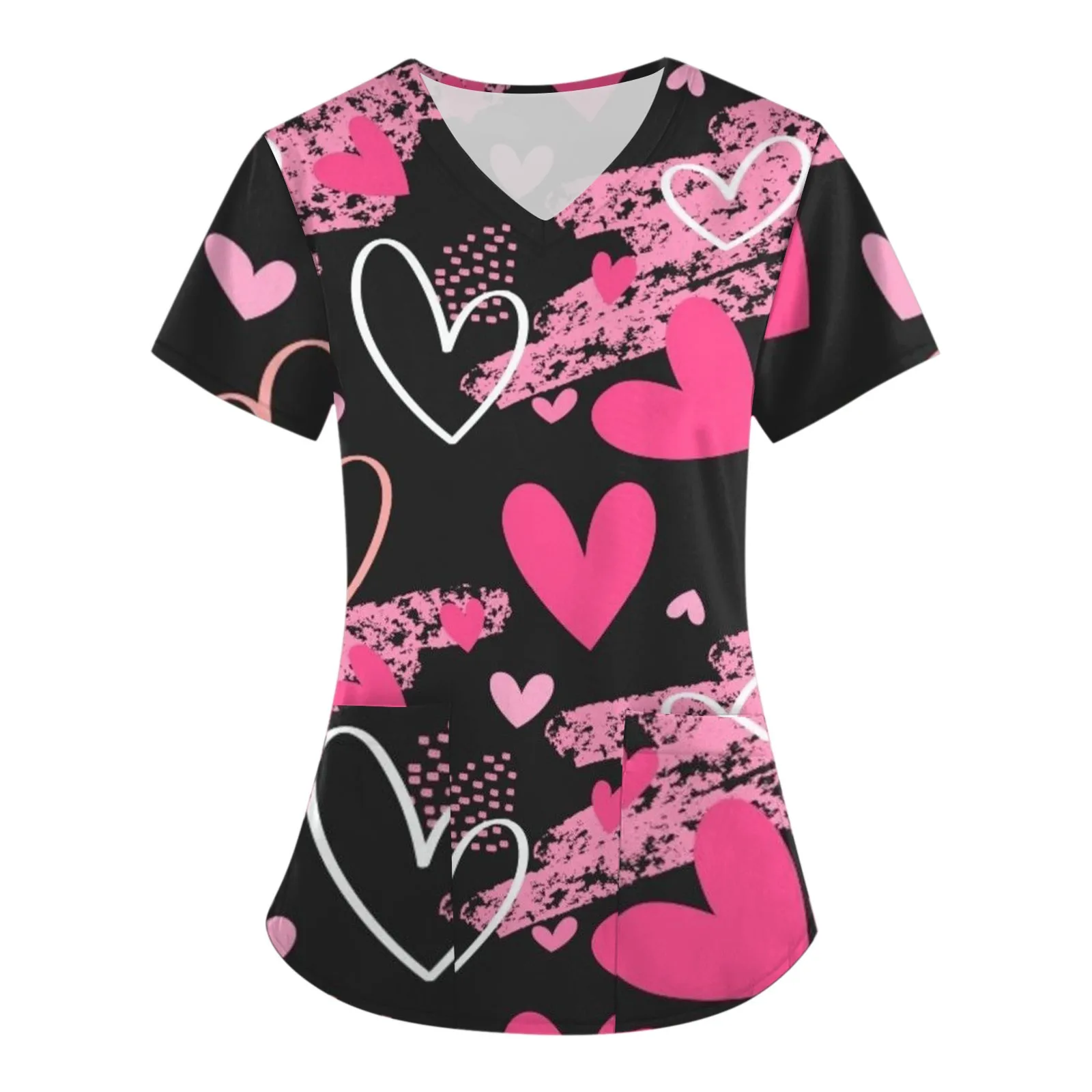 Ladies Nurse Uniform Short Sleeve V-Neck Workwear Love Heart Print Working Uniform Woman Casual Medical Nursing Pocket Blouse