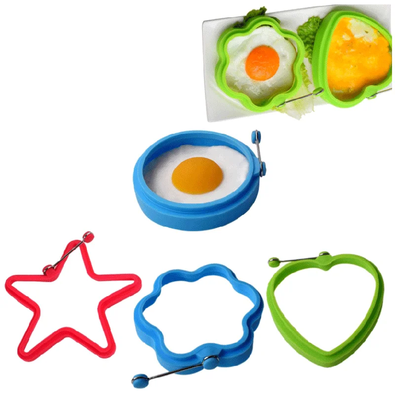 2PCS Cartoon Circular Heart Shaped Silicone Egg Fryer With Handle, Omelet, Pancake Mold, Kitchen Baking Tool