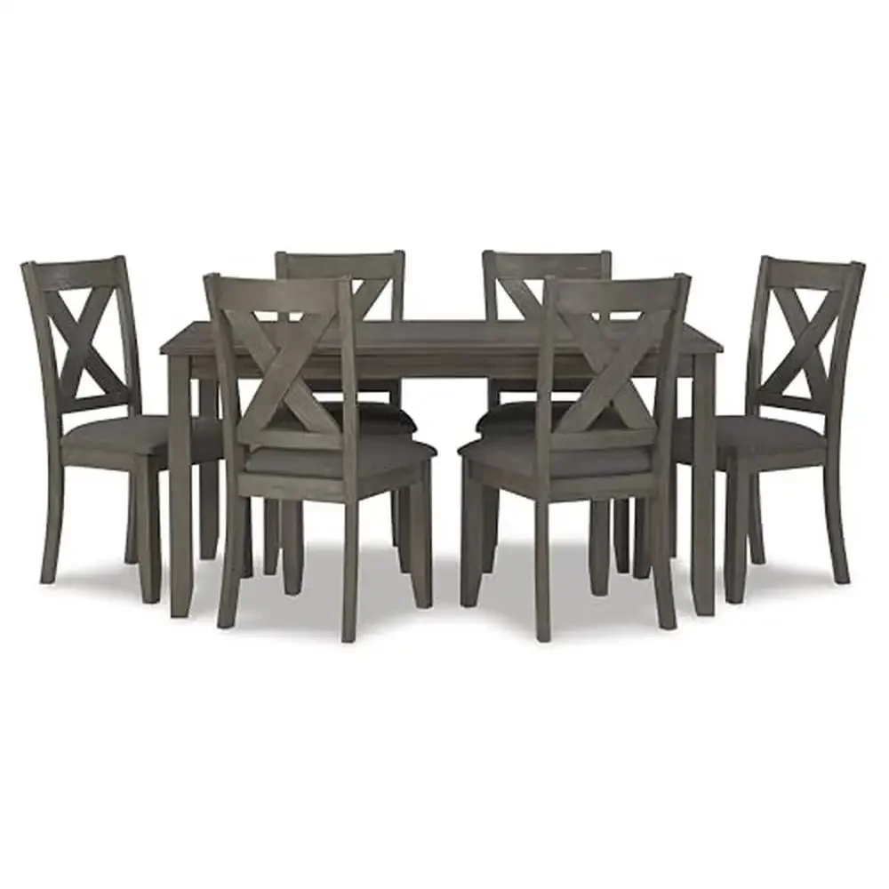 7-Piece Gray Dining Set Acacia Veneer X-Back Chairs Polyester Seat 38.13