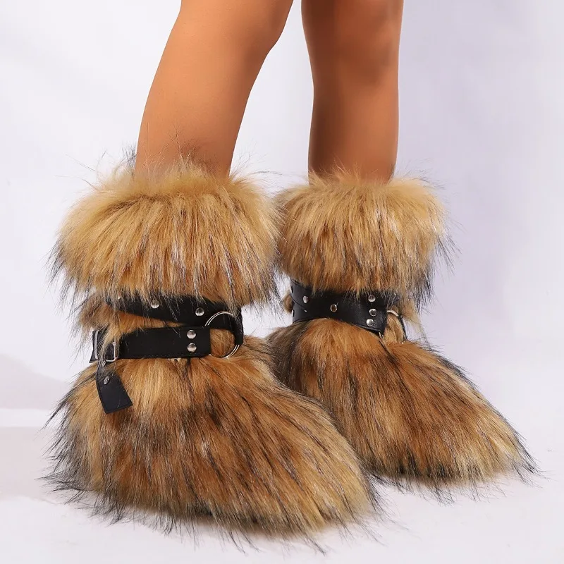 

Winter Fur New Design Onepiece Raccoon FurFemale Snow Boots Fur Shoes OutdoorMid Leg Boots Y2k Cool Pink Girl