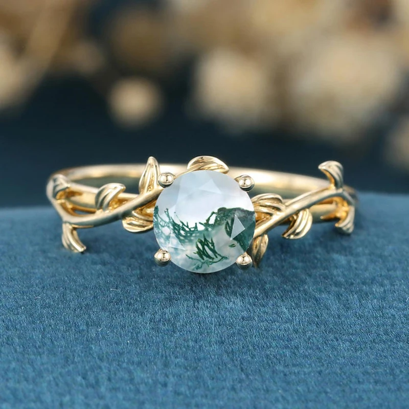 

Elegant Leaf Shaped Round Natural Green Stone Ring Moss Agate Engagement 925 Sterling Silver Band for Women Fine jewelry Gift