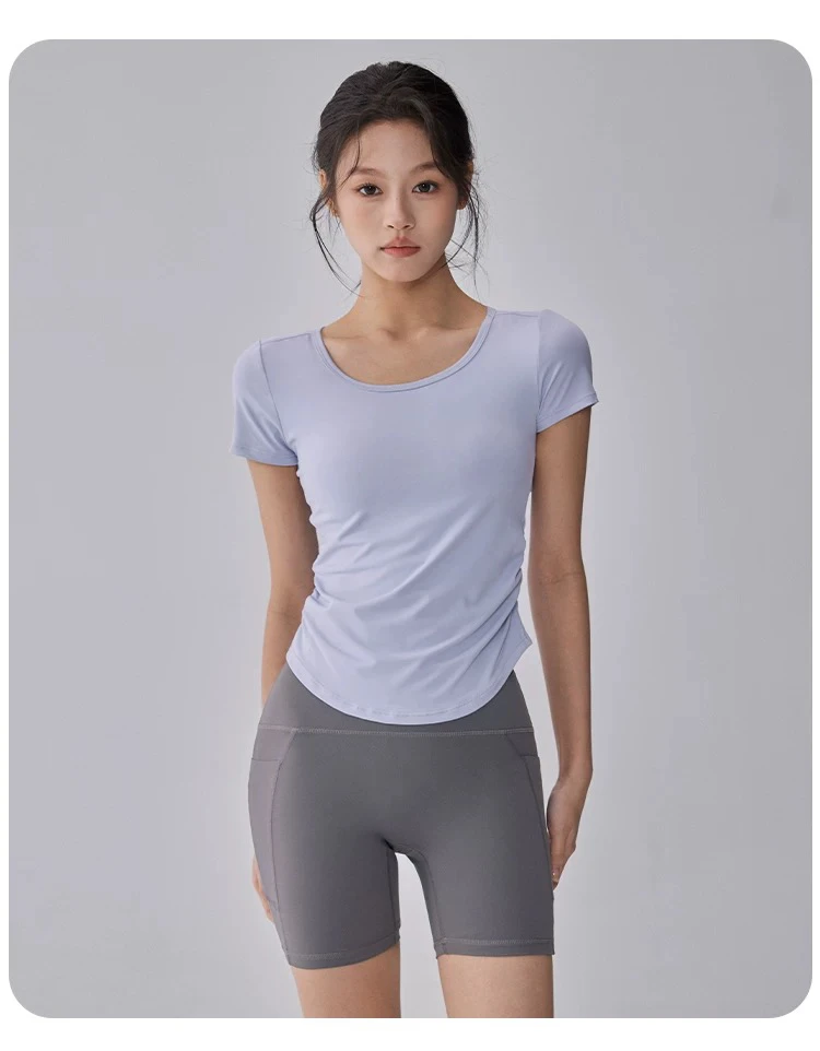 Neues Sommer-Sonnenschutz-Sporttop für Damen, atmungsaktiver Mesh-Yoga-Anzug, schnelltrocknend, kurzärmelig, schlankmachender Fitness-Anzug – Detail 9