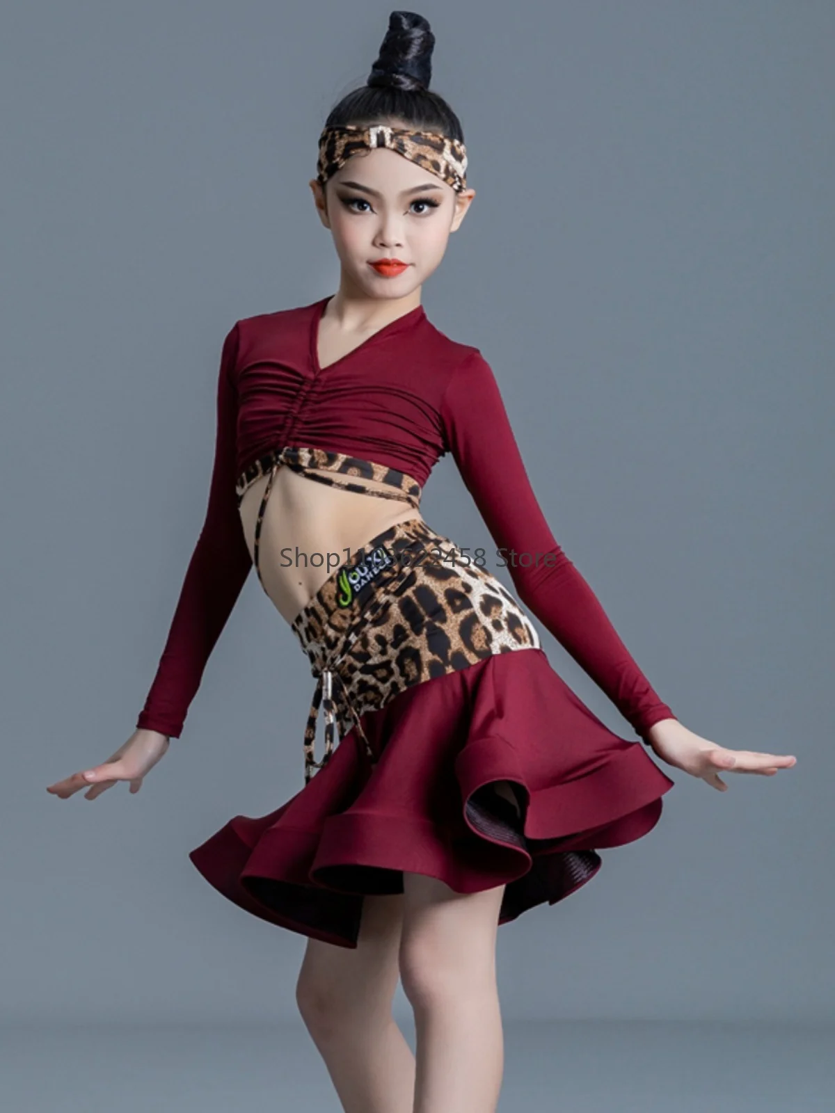 Latin Dance Costume Girls Latin Dance Dress Leopard Cha Cha Rumba Tango Dance Skirt Girls Performance Kid Latin Practice Clothes