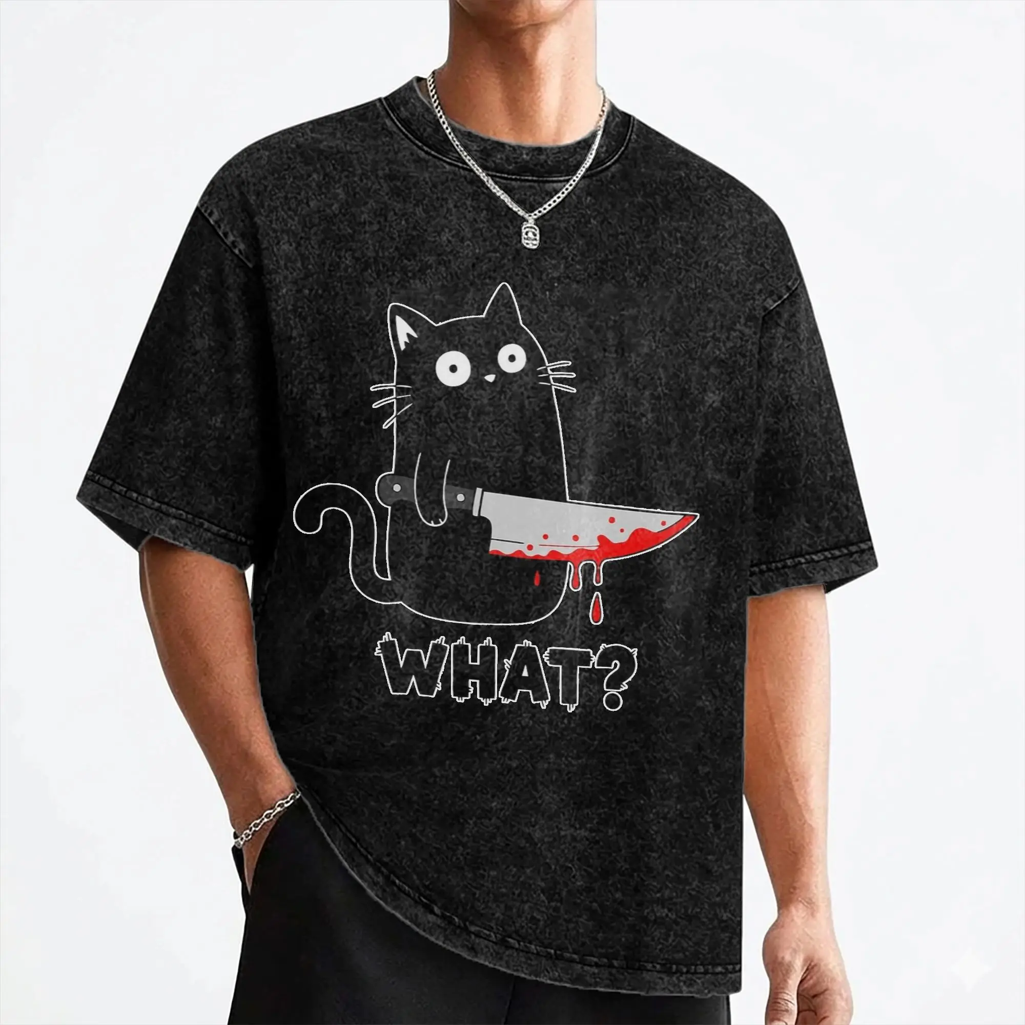 Murderous Cat With Knife Black Cat What  Washed T Shirts Streetwear Hip Hop T-Shirt  Tees Men Women Cotton High Street Printed