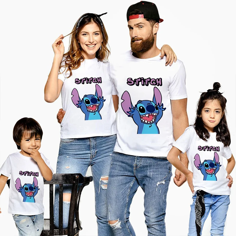 Stich T-Shirt Familie passende Outfits Papa und Mutter Kinder Baumwolle Kurzarm weiß Top Eltern-Kind-Outfit