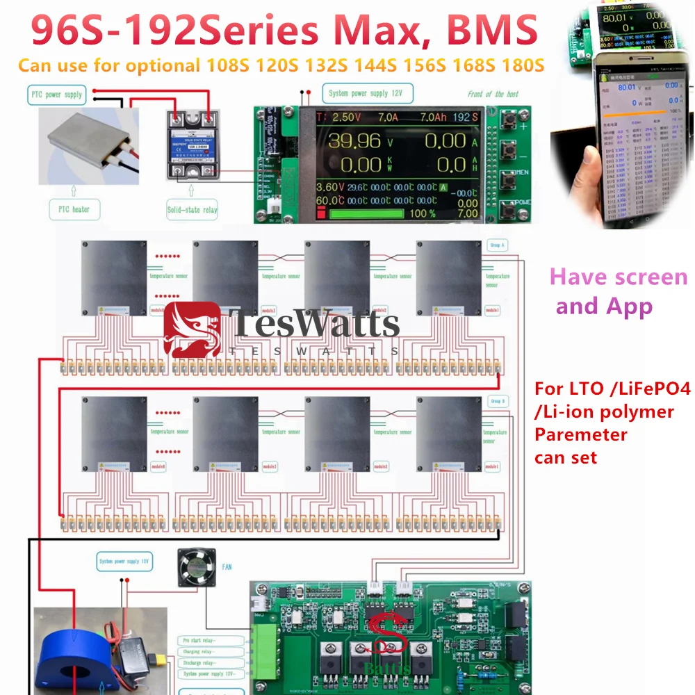 Testwatts 96S do 192S BMS 108S 120S 132S 144S 156S 168S S 180S może ustawić parametr LTO lifepo4 aplikacja Bluetooth litowo-sodowa