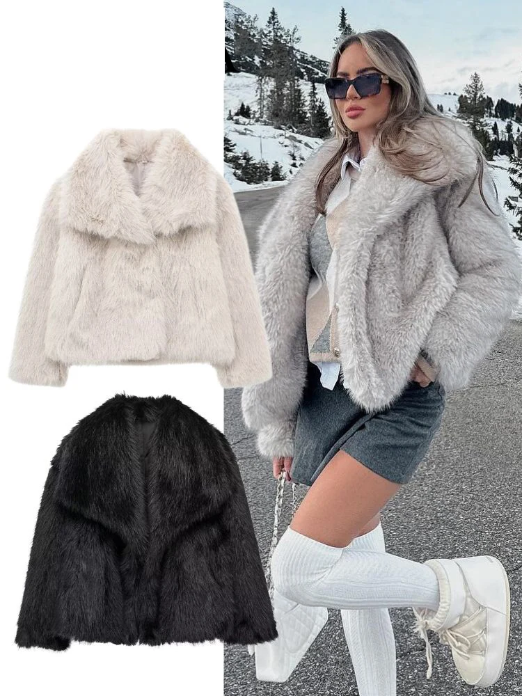 

HH Women Vintage Cropped Faux Fur Jacket Coat 2024 Elegant Loose Long Sleeve Jacket Female Thick High Street Outerwear