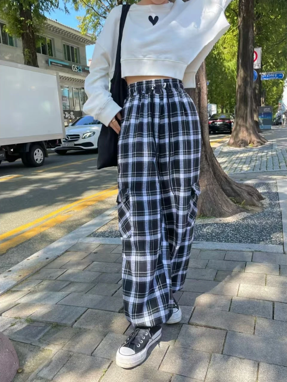 

High Waist Plaid Wide Leg Pants Women's Casual Loose keted Slimming Straight Cut Trousers Cuffed Sweatpants