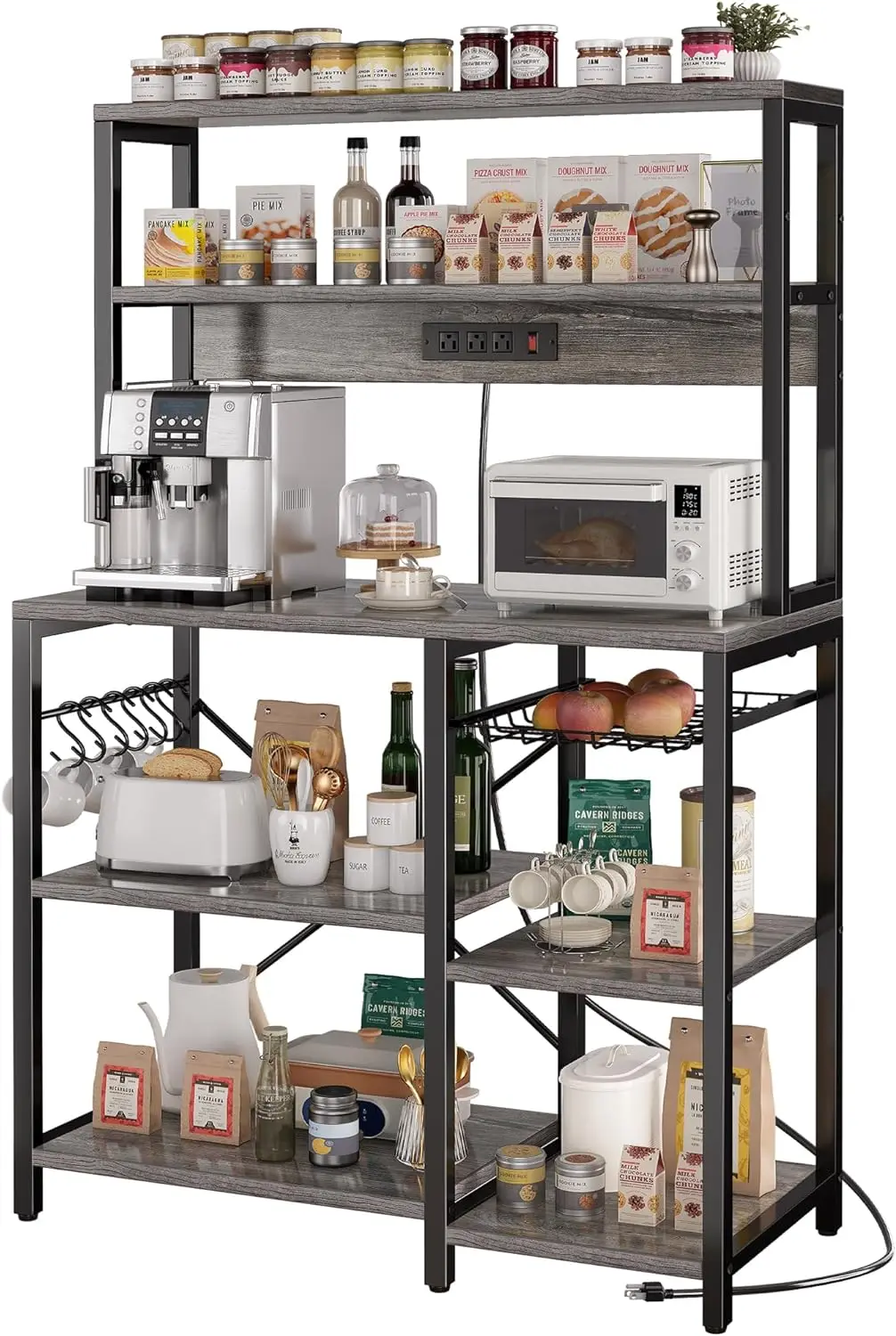 Bakers Rack with Power Outlet, 35.4 Inches Coffee Bar with Wire Basket, Kitchen Microwave Stand with Open Storage Shelves