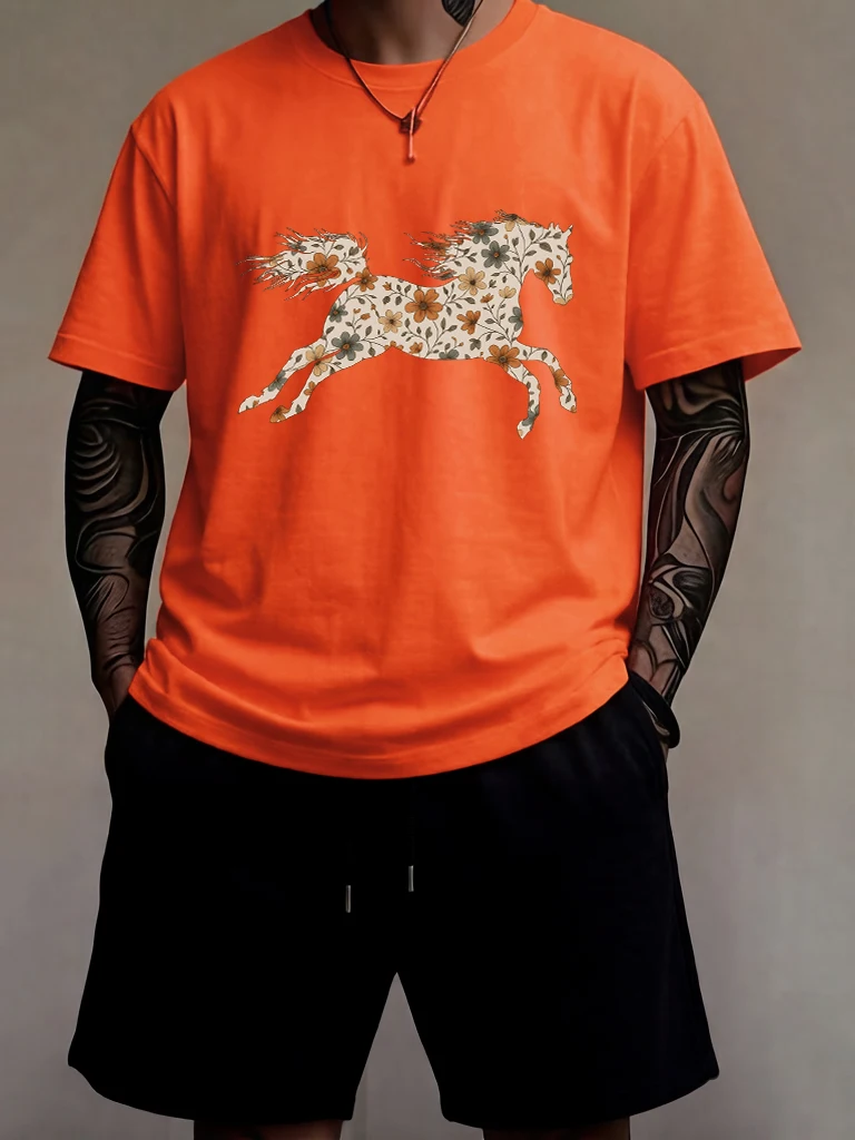 

Beautiful Flower Horse Print Man Summer Simple T Shirt Sets Pocket Loose Sport Shorts Cotton Breathable Street Clothing Unisex
