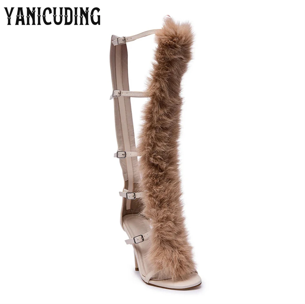 فو الفراء قفص صندل الأحذية المصارع نمط المفتوحة اللوز تو الخناجر رمح مع خمسة قابل للتعديل التوى الأشرطة الصيف الصنادل #6