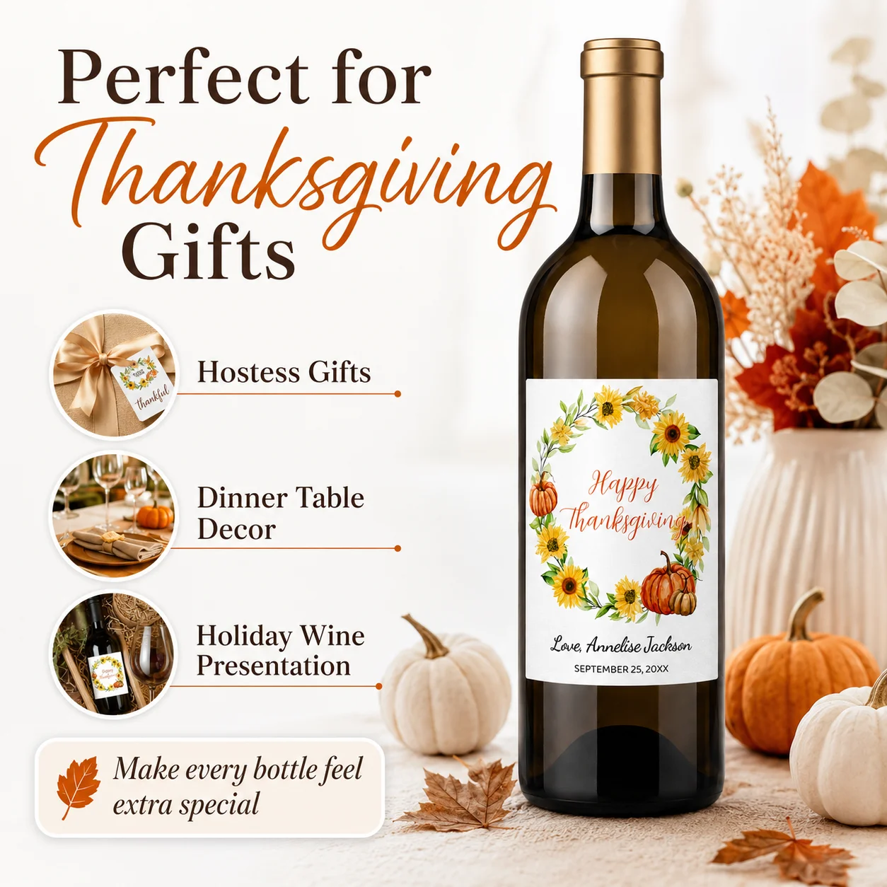 Customized wine bottle labels - Personalized thank-you wine bottle stickers, gift tags, wedding and birthday decorations, Thanksgiving celebration tags, fun autumn party labels with hand-drawn pumpkin, berry, and floral designs featuring "Happy Thanksgiving" - view 4
