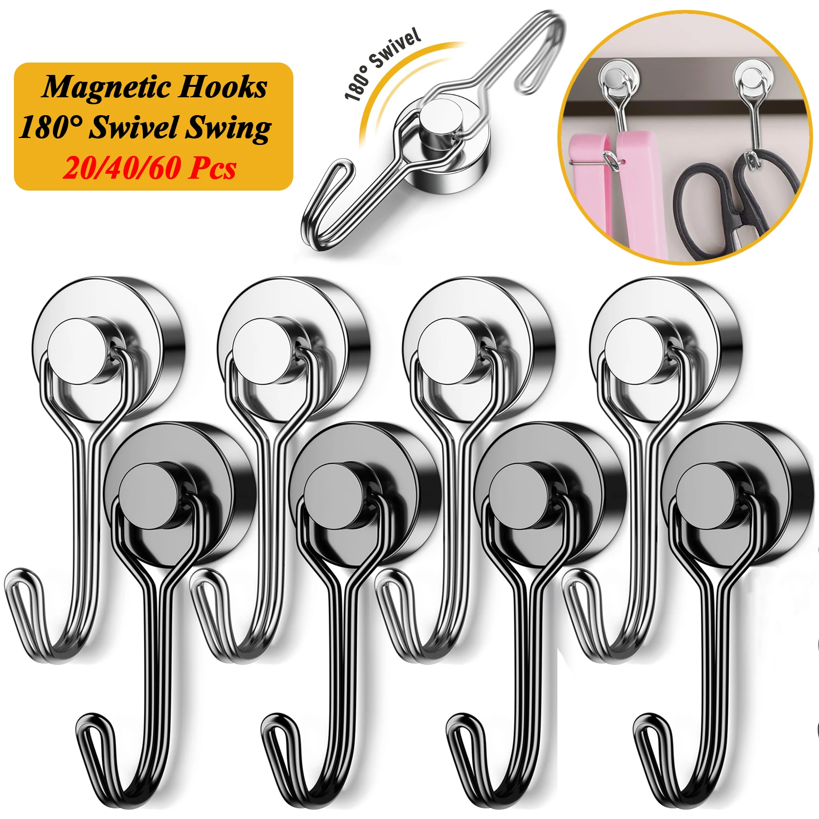 20/40/60Pcs Magnetic Hooks Swivel Swing Magnet Hooks Hanging Strong Magnetic Hooks Heavy Duty Neodymium Magnet Hooks forKitchen