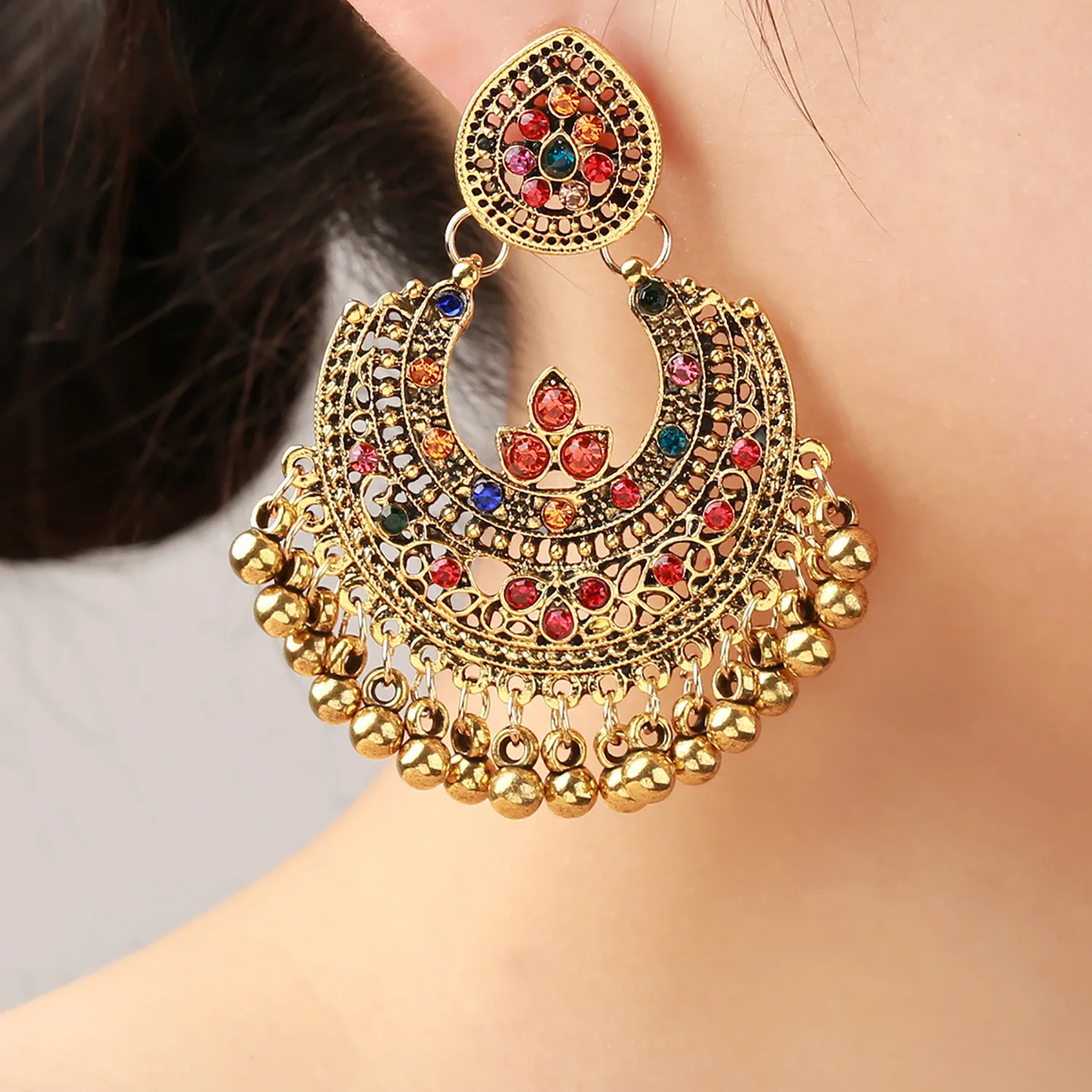 Factory direct sales cross-border exaggerated pendant earrings niche design sense bell earrings retro alloy ethnic style jewelry