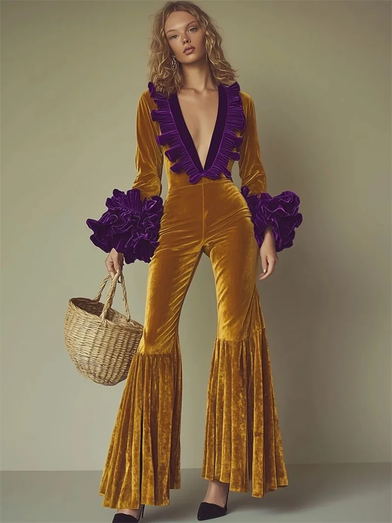 Tuta in Velluto da Donna Giallo Viola Sexy con Scollo a V, Maniche Lunghe e Pantaloni a Zampa, Ideale per Matrimoni, Serate, Banchetti e Feste