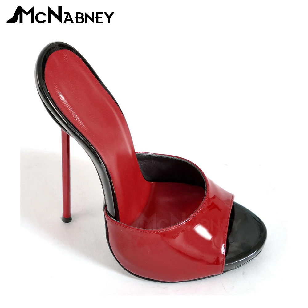 Red Needle Stiletto Mules Sexy Peep Toe Slippers Black and Red Patent Leather Summer Shoes Extremely High Heeled Stiletto Sandal