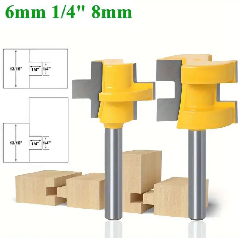 

2pcs 6mm 8mm 1/4" Shank Wood Carving Square Tooth T-Slot Tenon Woodworking Milling Cutter Router Bits For Trimming Machine Use