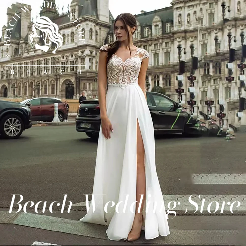 

Beach Customized Sweetheart lllusion Floor Length Prom Wedding Dress with Slipt Simple Elegant Sleeveless Bridal Gown for Women