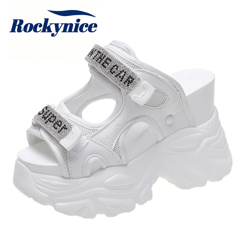 New Women's 10.5CM Wedge Heels Sandals Outdoor Summer Thick Bottom Bling Beach Slippers Comfortable Casual Slip-On Mesh Shoes