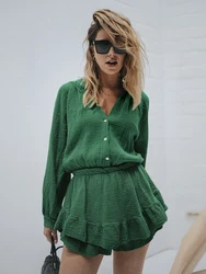 Marthaqiqi Green Loose Comfort Female Sleepwear Sexy V-Neck Nightwear Long Sleeve Nightgowns Casual Cotton Women'S Bodysuit