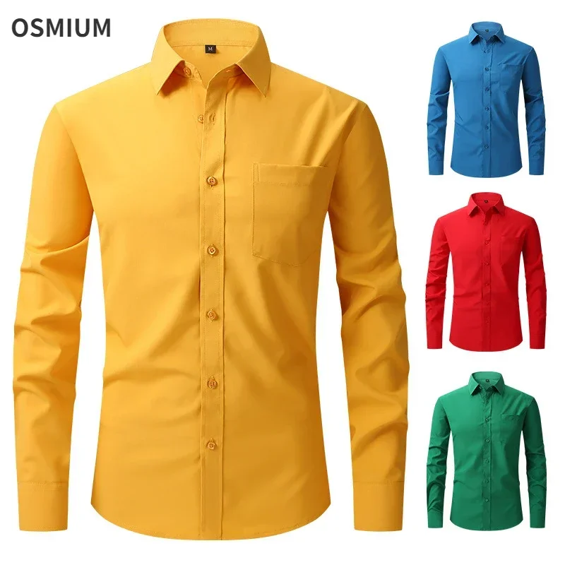 Tamanho dos eua manga longa botão até único breasted camisa masculina amarelo azul elástico resistente a rugas casual escritório de negócios formal wear