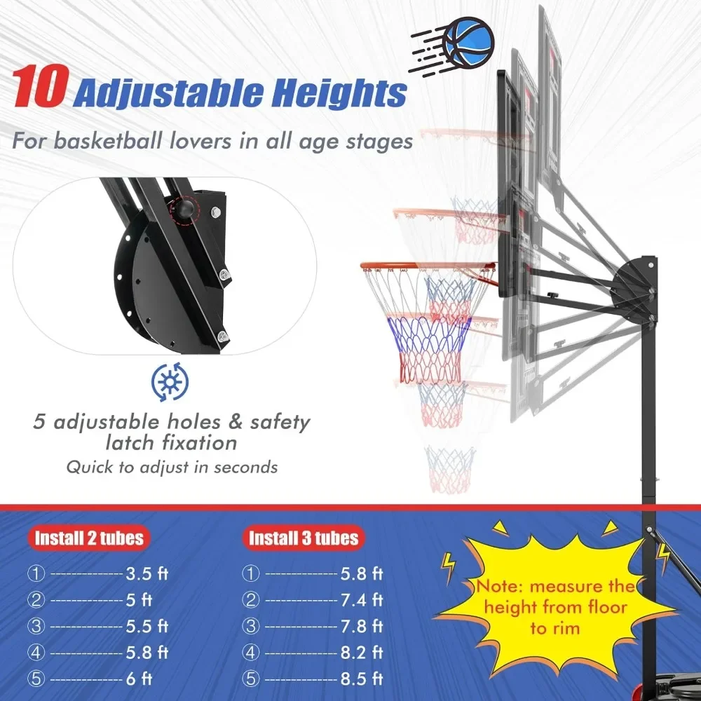 Portable Basketball Hoop Outdoor, 3.5FT-8.5FT Height Adjustable Basketball Stand with Shatterproof Backboard, Weighted Bag