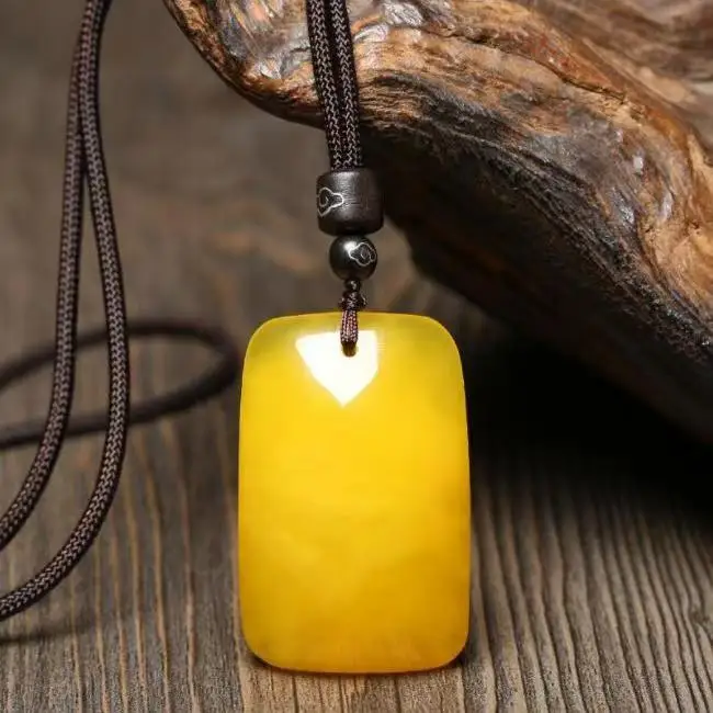New Mayan Yellow Amber Old Beeswax , Unmarked Square Pendant, Unisex Necklace, Sweater Chain, Certificate