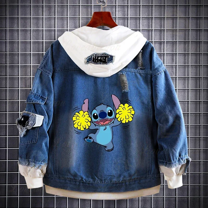 New Creative Anime Lilo & Stitch Denim Jacket Men Women Harajuku Deep Blue Jacket Hoodie Boys Girls Streetwear Coats