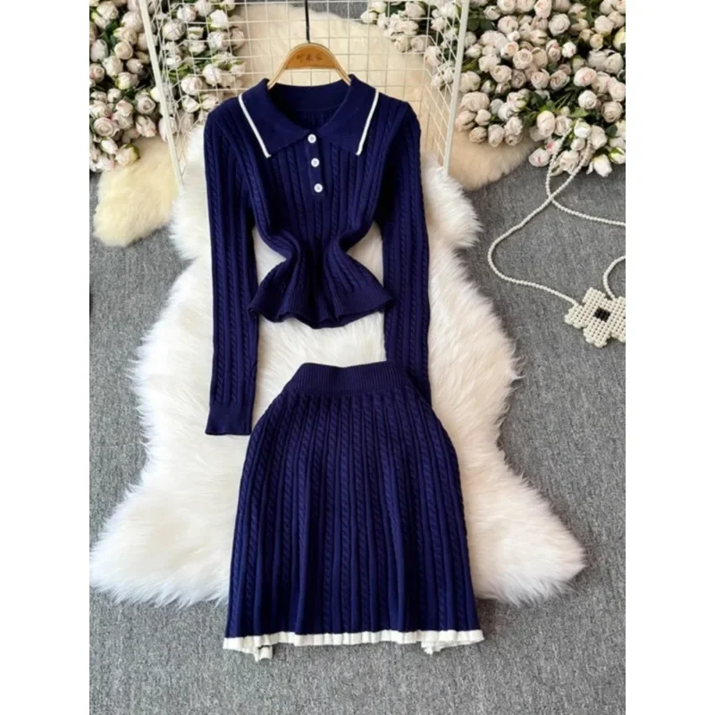 High Quality Knitted Sweater Two-piece Sets Women Autumn Winter New Fashion Retro Temperament High Waist Skirt Suit Elegant