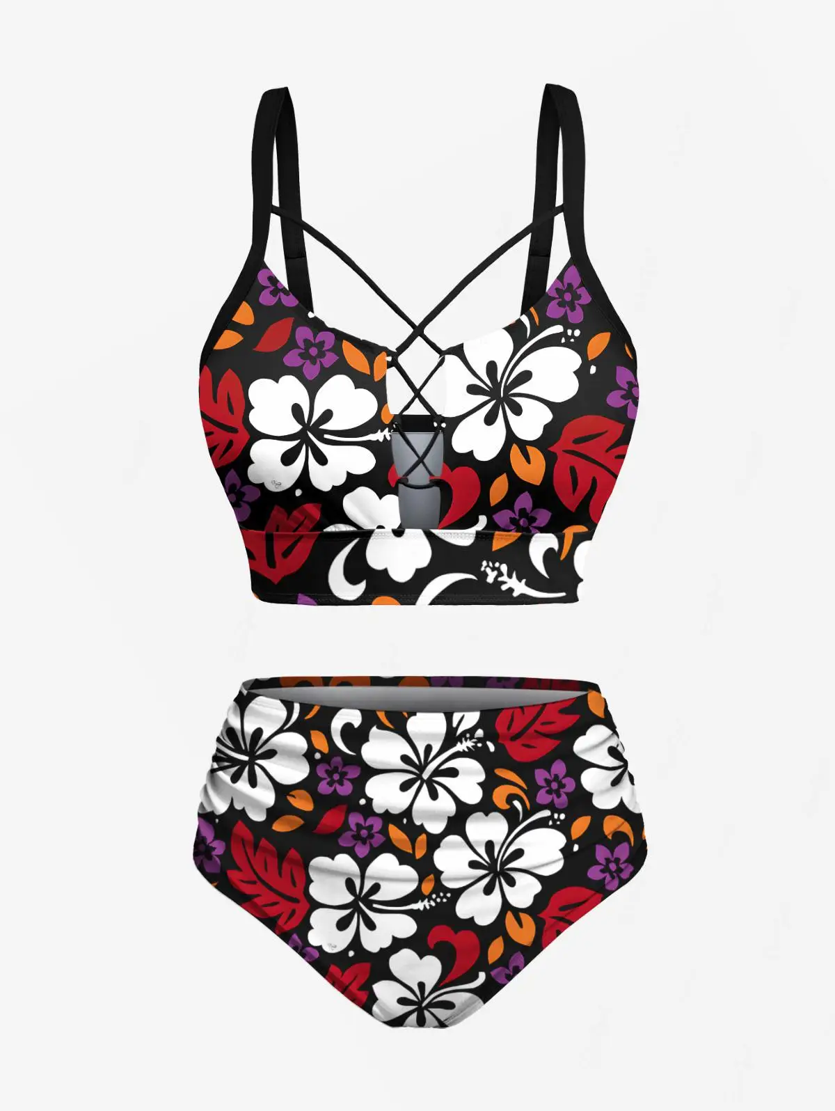 XXS-3XL Dames split-badpak 3D grafische luipaardsterren, roze bloemsterrenprint bikini's tankini-top, zwembroek twee stukken