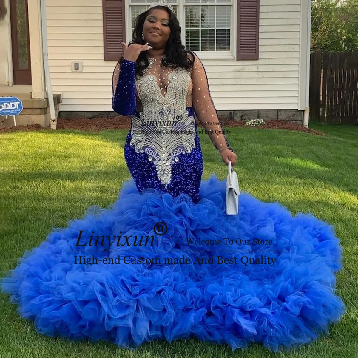 Luxury 2024 Blue Crystal Prom Dresses Luxury Rhinestones Ruffle Formal Evening Party Gowns Sleeveless Diamond robe chic soirée