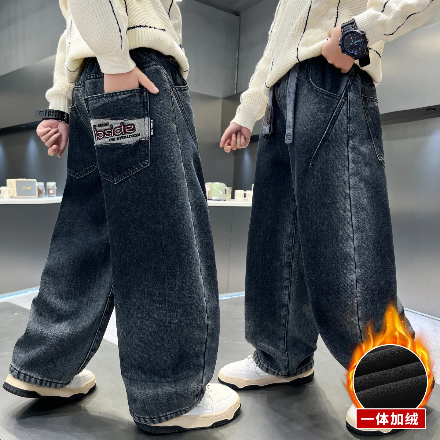 

New Items Teens Boy Winter Thermal Jeans High Street Insulated Denim Pants Kids Retro Blue Warm Baggy Jeans Trousers Age 4-14 Y