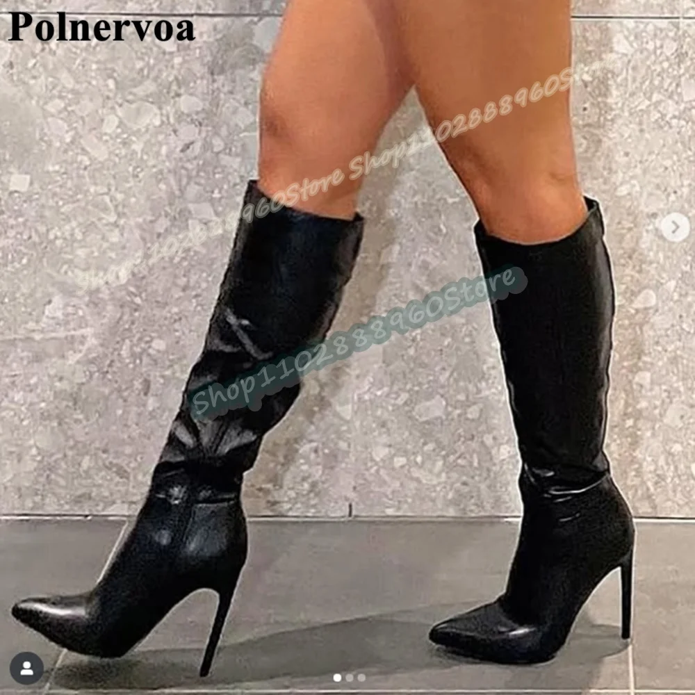 

Simple Style Knee High Black Leather Pointy Boots Stilettos High Heel Shoes For Women Side Zipper Pointed Toe Zapatos Para Mujer