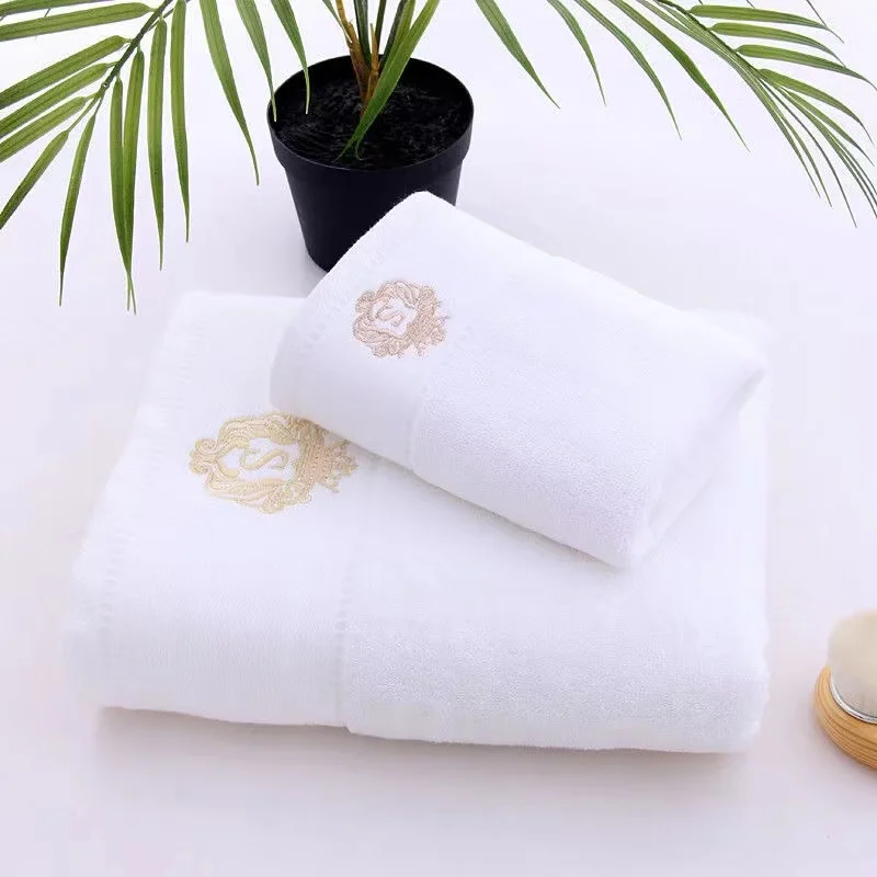 2pcs Set Solid Color 100% Cotton Towels - Soft Absorbent Hand & Bath Embroidered Towels in Blue White Cream for Hotel Home Gift