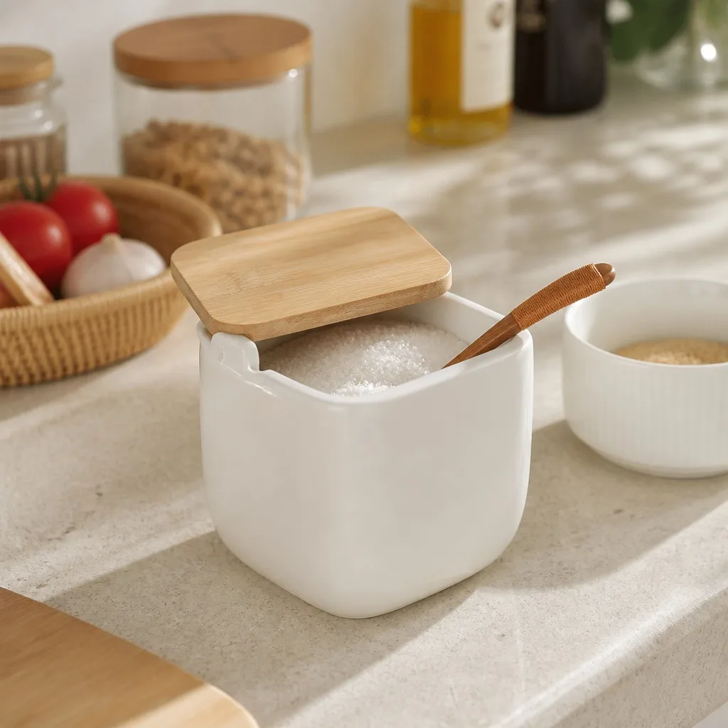 Salero de Cerámica Blanca con Tapa de Bambú Abatible, Organizador de Cocina Moderno de 12x12.5x11cm, Recipiente para Sal con Boca Ancha y Diseño Elegante para Encimera de Cocina