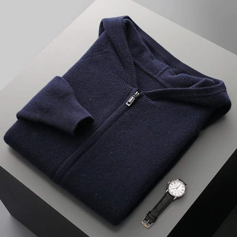 Giacca lavorata a maglia con cappuccio maglione di cashmere cerniera spessa felpa casual con cappuccio cardigan maglione da uomo