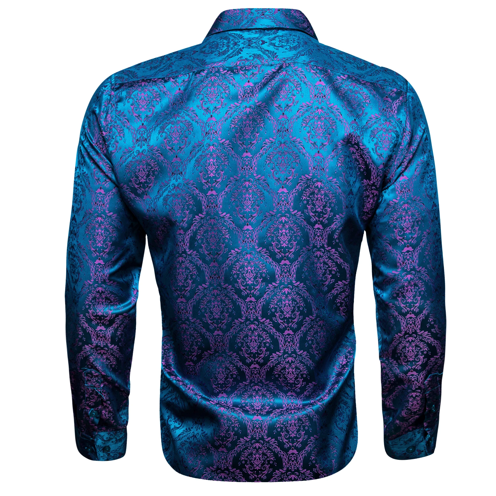 Elegant Men\'s Shirts Silk Long Sleeve Blue Flower Slim Fit Casual Lapel Male Tops Breathable Single Breasted Barry Wang