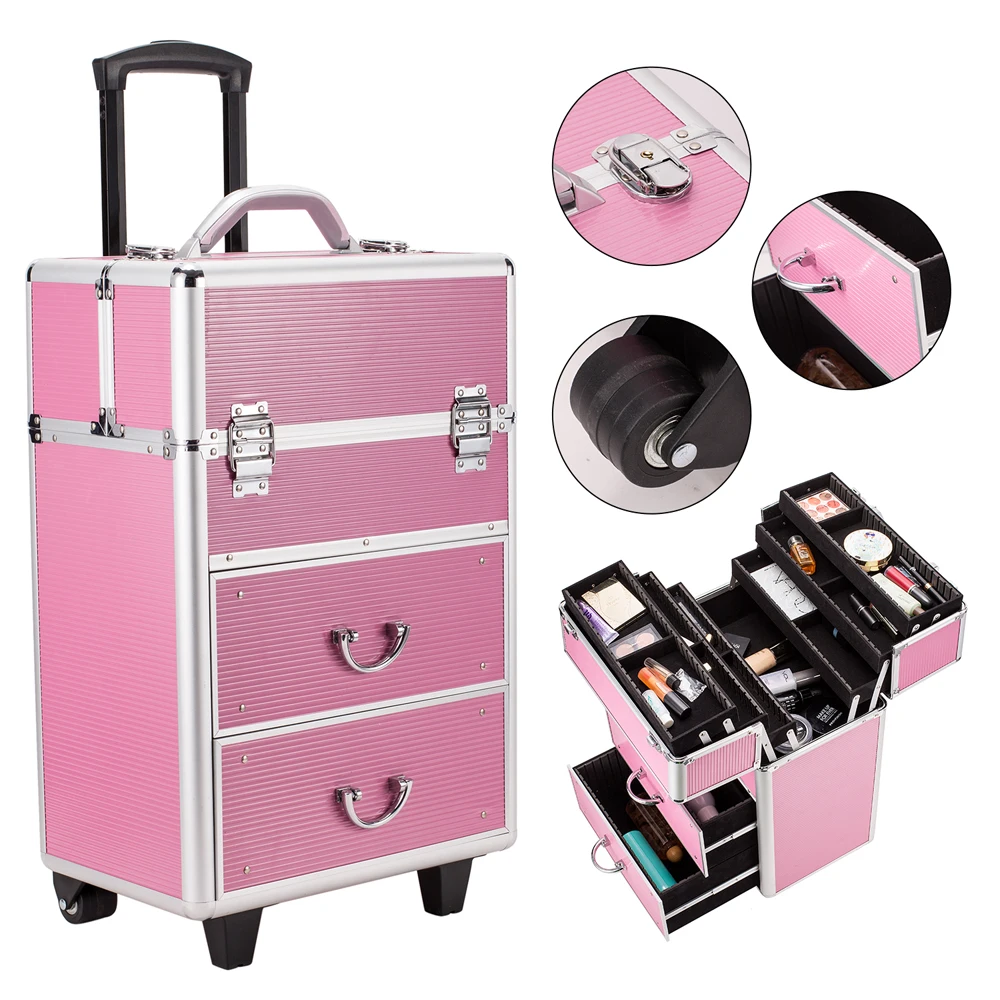 4 Tier Lockable Cosmetic Makeup Train Case with Extendable Trays Pink