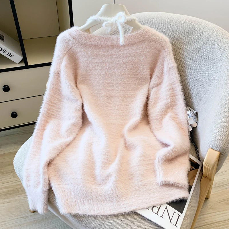 MEXZT Sweet Bow Sweater Women Kawaii Cute Pink Mink Cashmere Knitted Pullovers Korean V Neck Halter Knitwears Winter Jumpers New