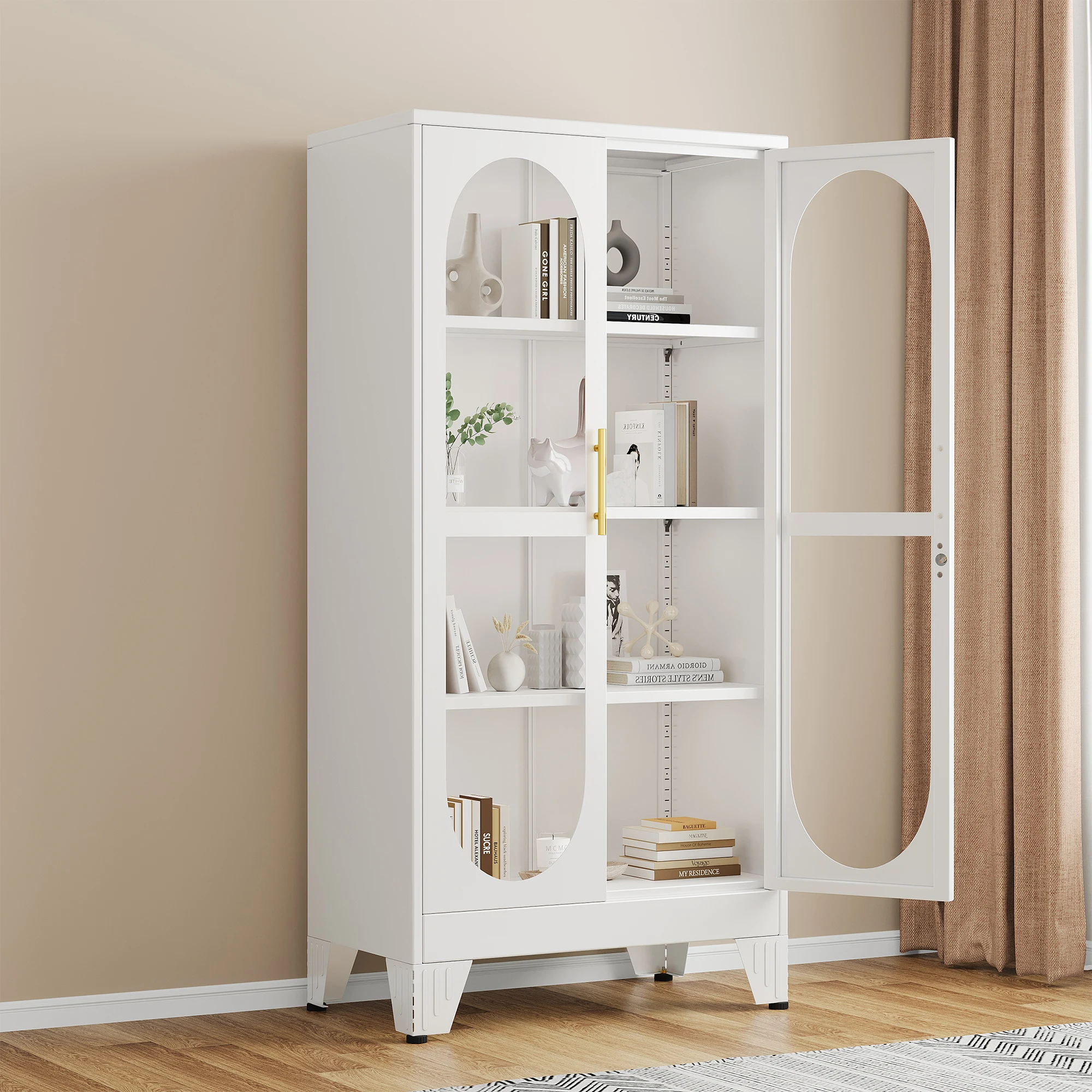 61 inch high metal glass door display cabinet with 4 adjustable shelves, display cabinet storage cabinet