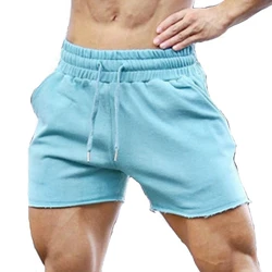 Mens Fitness Shorts Gym Bodybuilding Cotton Stretch Shorts Sky Blue Summer Training Male Deep Squat Workout Short Pants Ruched