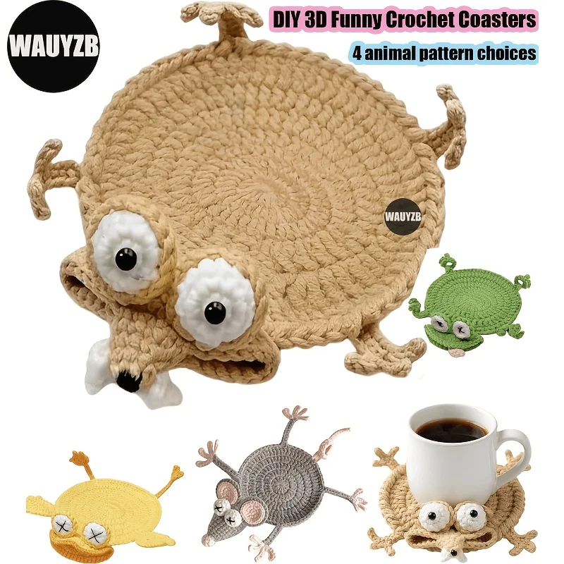 Animal Crochet Coasters, Cute 3D DIY Squirrel, Mouse, Frog, Duck Coffee Cup Mat, Handwoven Finished Home Amigurumi Gift
