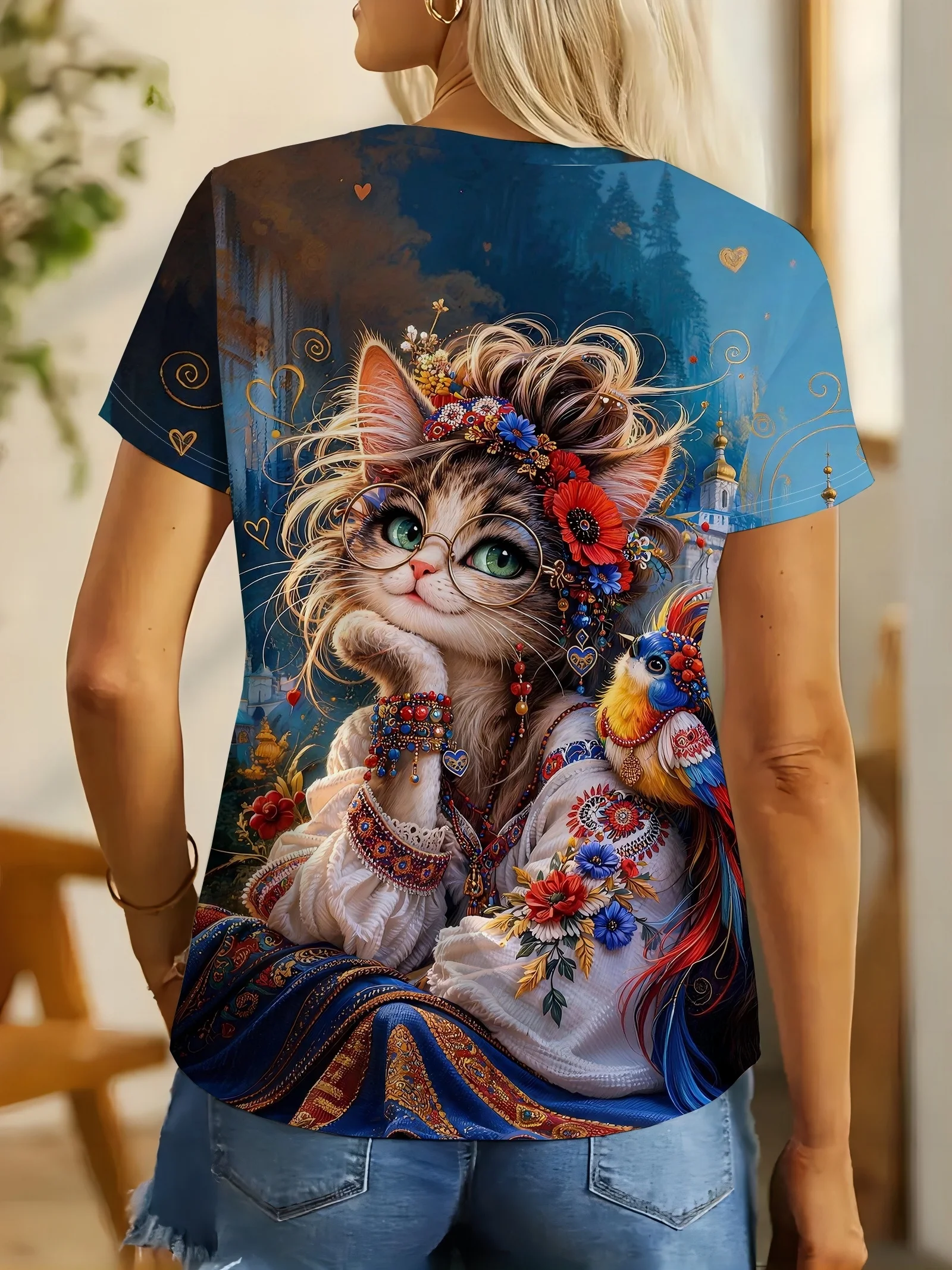 Women Crew Neck Short Sleeve T‑Shirt, Boho Ethnic Style Cat Parrot Folk Art Floral Graphic Tee
