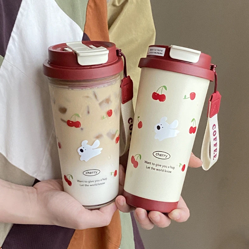 Cute Cherry 550Ml Student Double Drinking Straw Thermos Cup Cartoon Sports Office Car Coffee Cup