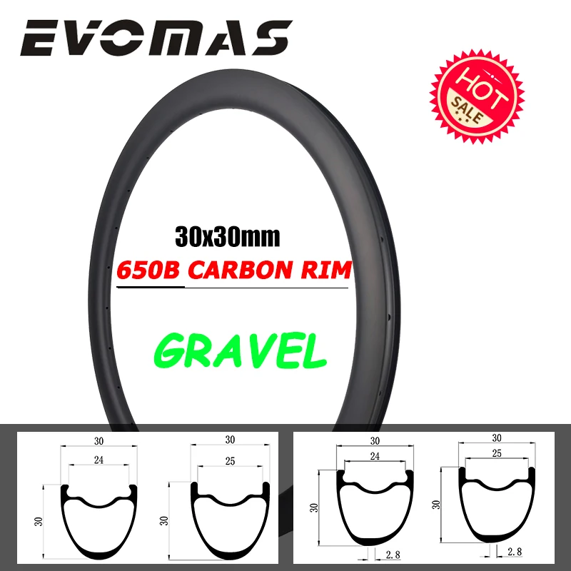 Gravel Bike 650B Carbon Rim 30mm Wide 30mm Deep Hookless/Hook Symmetry/ Asymmetry Tubeless 20H 24H 28H 32H Disc Brake Bike Wheel