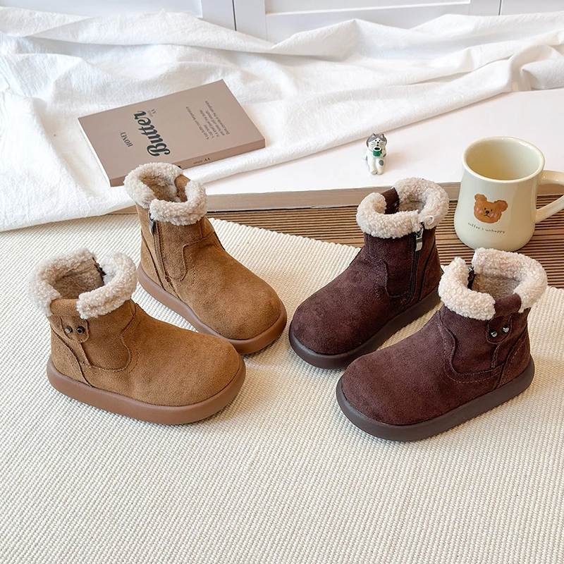 Kids Faux‑Suede Winter Ankle Boots, Sherpa Cuff Woven Label Plush‑Lined Side Zipper Non‑slip Warm Boots